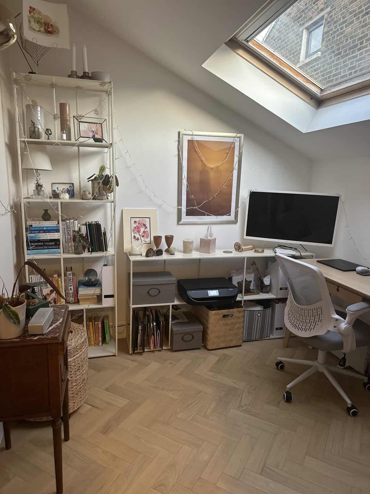 Home office under a roof window with herringbone floor, Hanover Place E3